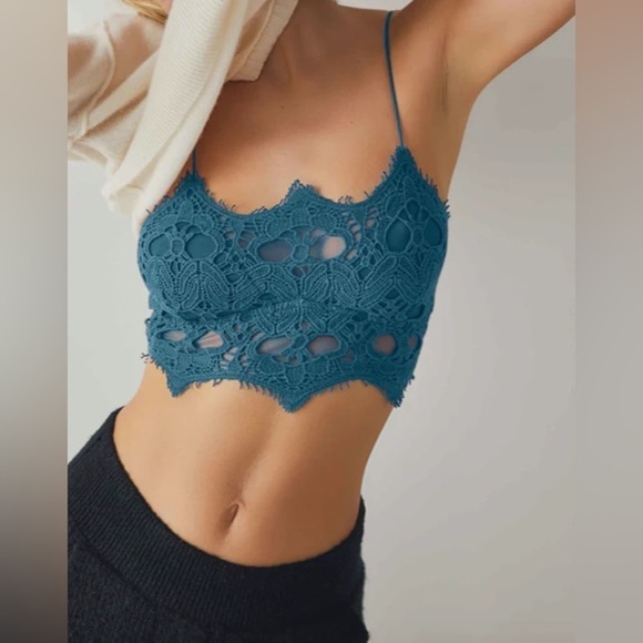 Free People FP One Athena Scallop Crochet Bralette Crop Top Boho Teal Blue Sz M - Picture 4 of 11